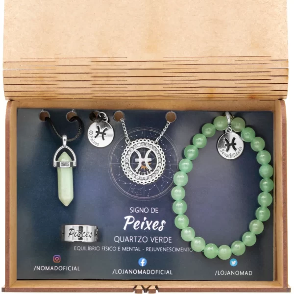 Conjunto de Signo de Peixes – Pedra Quartzo Verde