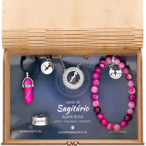 Conjunto de Signo de Sagitário – Pedra Ágata Rosa