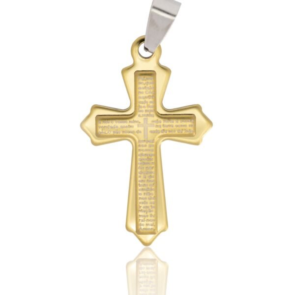 Pingente Cruz Fleuri Detalhada com Oração Pai Nosso de Aço Inoxídavel
