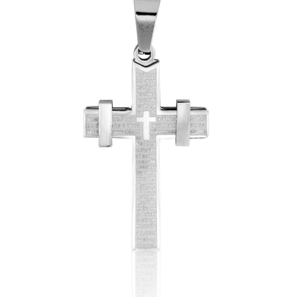 Pingente Cruz Detalhada com Oração Pai Nosso de Aço Inoxídavel